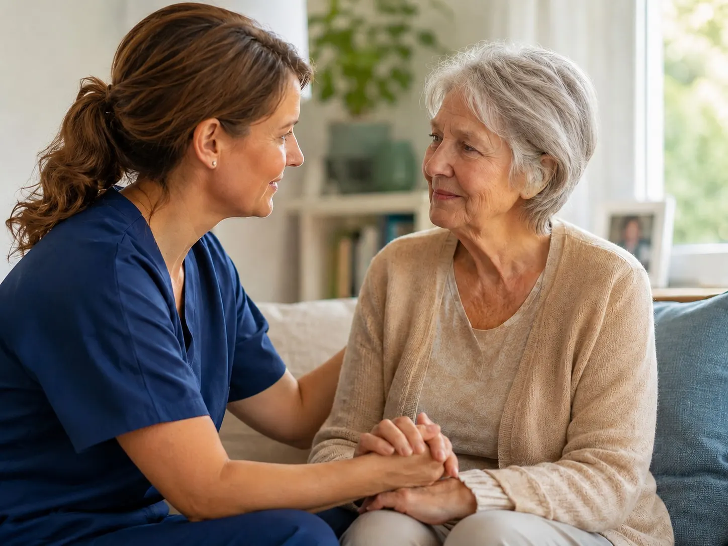 Nurse in blue scrubs warmly holding hands with an older woman in a home setting